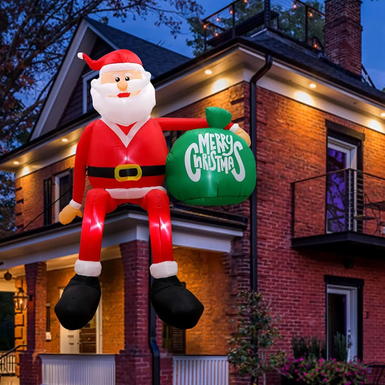 2024 Christmas Gift Ideas 8 FT Santa Sitting on Roof Christmas Inflatable Outdoor Decorations, Blow Up Santa Clause with Built-in LED Lights for Outside Yard, Lawn Decor Ornaments