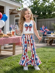 Independence Day Toddler Girls 2pcs Patriotic Bow Print Top and Star Printed Flare Pants Set