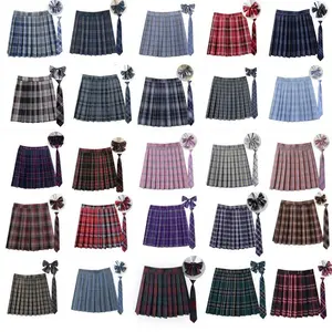 Women Summer Plaid Pleated Skirt With Necktie Bowtie Korean Jk Skirt Uniform Japanese School Preppy A Line Mini Skirts