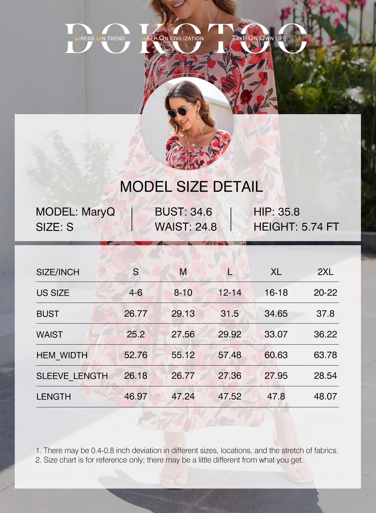 DOKOTOO Women's Boho Floral Smocked Empire Waist Square Neck Long Sleeve Button Beach Maxi Dress Sundress Brown Viscose Fitted Flowy Ruffle Hem