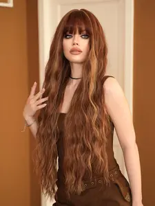 34 Inch Long Body Wavy Highlight Wig for Women,Brown Gorgeous Fluffy Curly Wigs with Bangs,Synthetic Full Machine Hair Wigs for Daily Party Photography,Daily School Use,Body Wave Wigs,Fashion Fluffy Wigs,Synthetic Fiber Wigs