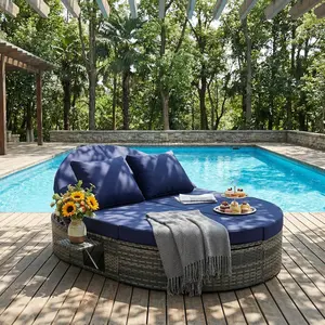 2-Seater Outdoor Patio Round Sleeper Couch Daybed, Wicker Rattan Sun Day Sofa Bed Reclining Lounger with Adjustable Backrests, Foldable Cup Trays, Cushions & Pillows, for Backyard, Poolside,Dark Blue