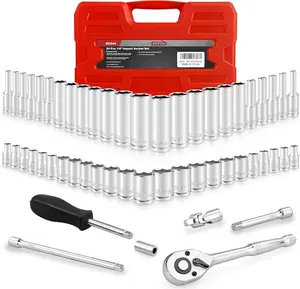 54pcs 1/4" Socket Set with Drive Impact Sockets, Metric Sockets, 6 Point Design, Chrome Plated, Universal Joint, and Ratchet - SAE/Metric & Metric