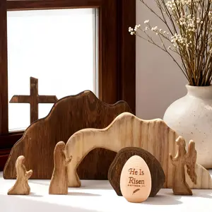 Empty Tomb Easter Scene and Christian Cross Decorations Wooden He is Risen Easter Egg Jesus Resurrection Scene Tomb Tabletop for Religious Christian Home Office Indoor Decor