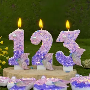 1pcs Pink and purple mermaid tail number birthday candles, new 3D number cake candles, party decoration candles, anniversary celebration birthday candles, festive decorative items, Ornaments