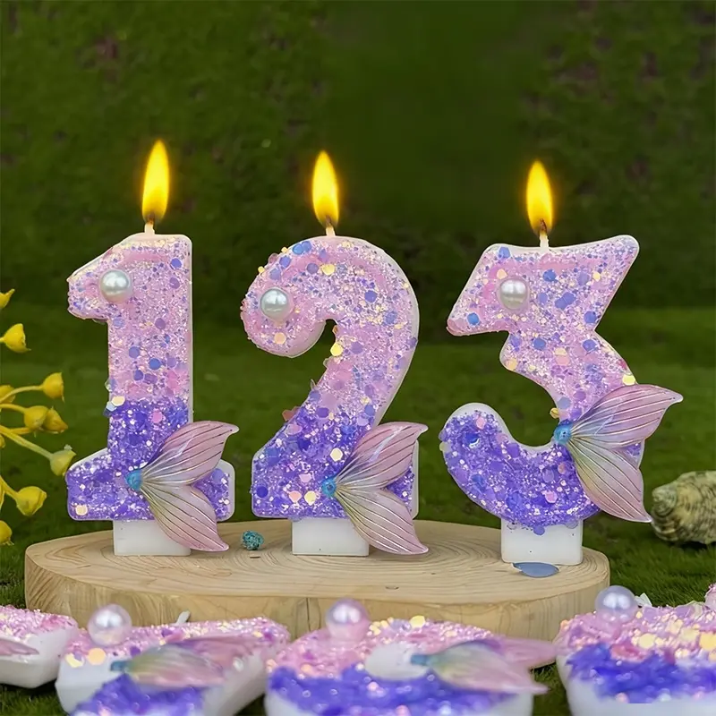 1pcs Pink and purple mermaid tail number birthday candles, new 3D number cake candles, party decoration candles, anniversary celebration birthday candles, festive decorative items, Ornaments, Birthday Cake Decorations