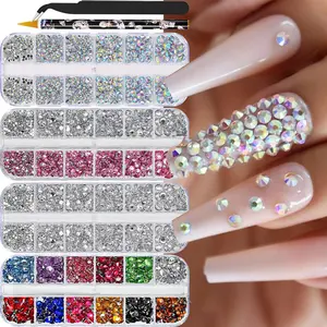 12 Grids Flatback Glitter Rhinestones for Nail Art Decoration with Tools, Mixed Color Nail Art Decoration, Diy Nail Art Decoration for Women & Girls