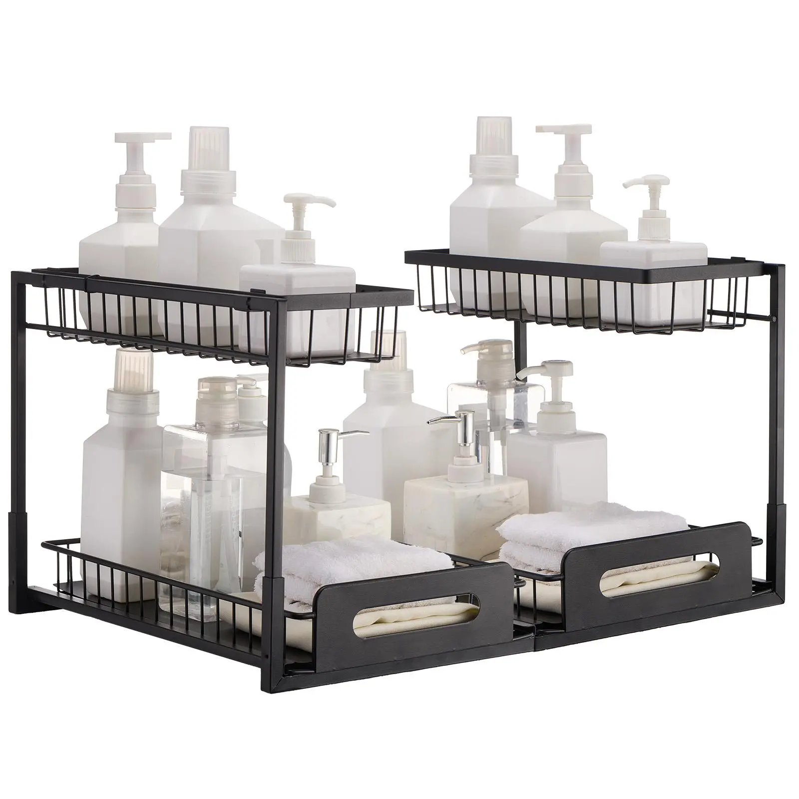 VEVOR 2 Tier Pull Out Cabinet Organizer(10.7"W x 14.2"D ),  Under Sink Organizer and Storage, Slide Out Drawer Cabinet Organizer, Wire Basket Sliding Shelf for Kitchen Bathroom Cabinet, Black (2 Pack)