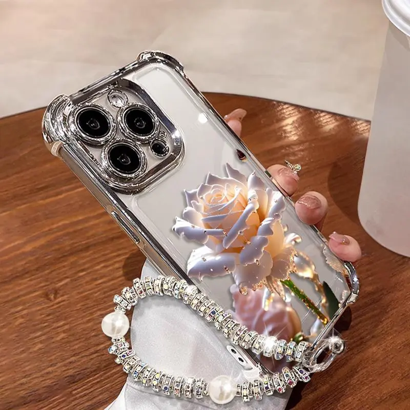Rose Pattern Women's Smartphone Cellphone Case Cover Casing for iPhone & Samsung, Mobile Phone Accessories with Lanyard, Silver Chrome Alloy Frame, HD Transparent Material, Reinforced Corner Protection, Full-Body Drop-Resistant Design