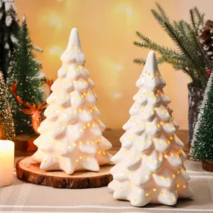 2 Ceramic Christmas Trees Desktop White Ceramic Polka Dot Hollow Tree Decoration White Tree Can Light up Desktop Christmas Tree Statue, Modern Decor, Gifts(7.8 Inches)