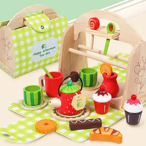 EDUTREE Happy Afternoon Tea Set Toys Green Wooden Portable Bag for Imaginative Play Montessori Educational Gifts for Boys Girls