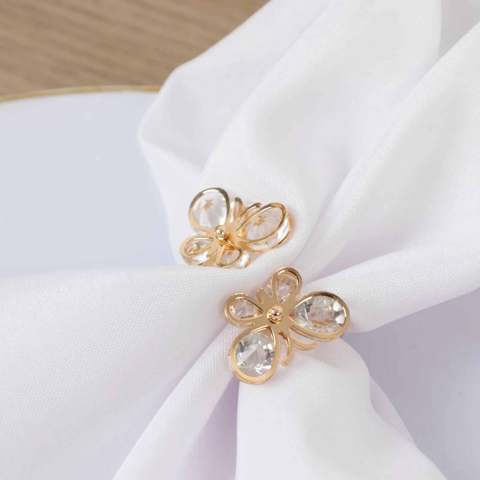10-Pack Gold Metal Butterfly Napkin Rings with Crystal Diamond Accents - Kitchen Tableware Cutlery Napkin Holder for Weddings, Bridal Showers