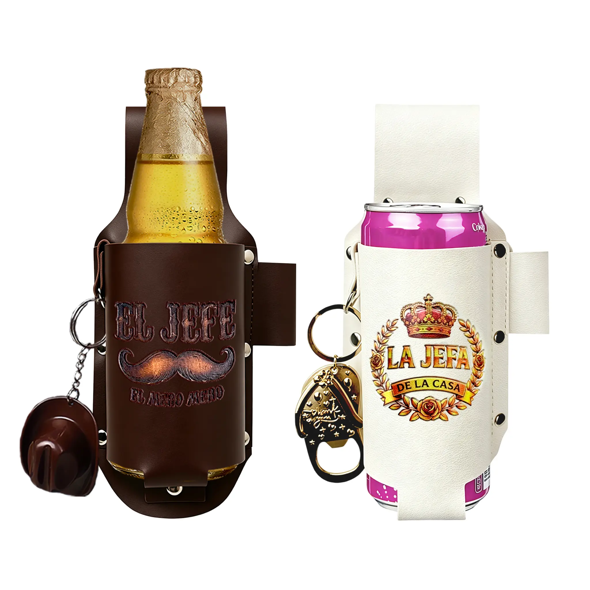 Lightweight La Jefa & El Jefe Leather El Drink Holster Set - Sombrero & Chancla Bottle Opener, Mother's Day-Father's Day Gift for Parents
