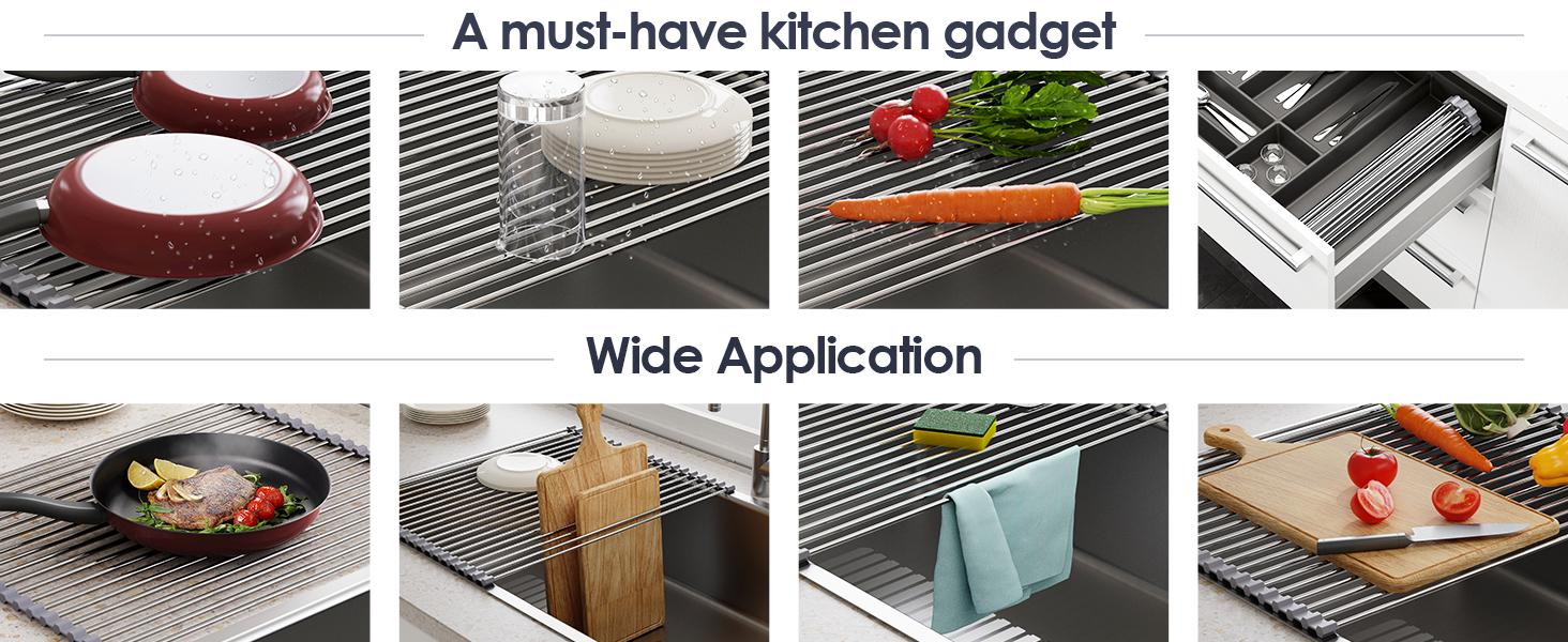 17.7" x 15.5" Roll Up Dish Drying Rack Over Sink Drying Rack Sink Cover Kitchen Sink Accessories Gadget Multipurpose Organizer Foldable Stainless Steel Drainer (Grey)