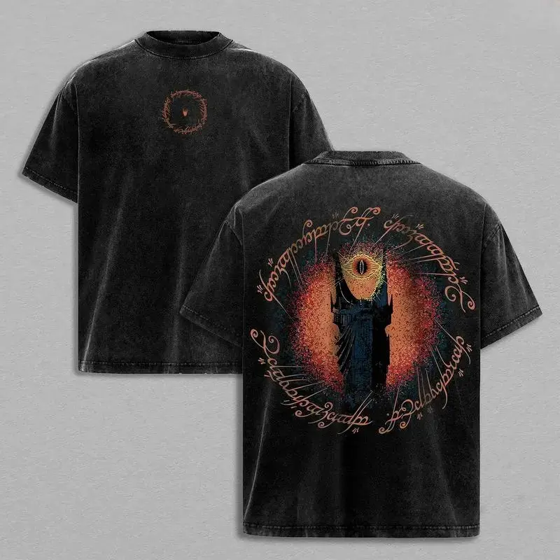 Unisex Crew Neck Short Sleeve T-shirt For Men Women, Vintage Washed Oversized Lord Of The Rings Graphic Tee, Eye Of Sauron Double Sided Elvish Script Print Streetwear Top, Soft Cotton Loose Fit T-shirt For Outdoor Daily Wear