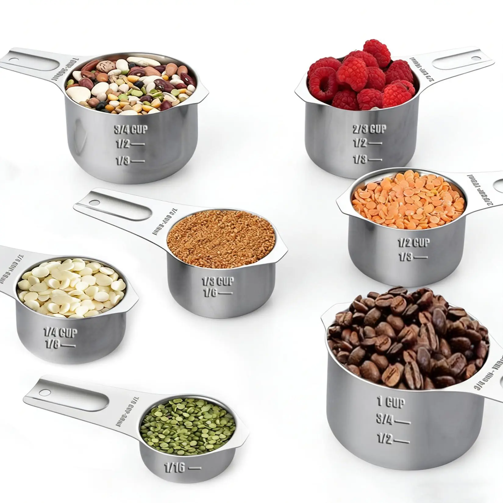 GARVEE 7-Piece Silver 304 Stainless Steel Measuring Cup Set, Dishwasher Safe, Rust-Proof, Flat Design with Clear Markings (US & Metric), for Cooking & Baking