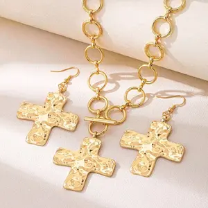 Gold Cross Earrings with Chain Design for Women's Fashion Accessory