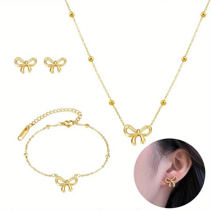 1 Set Bow Stuff Jewelry Bow Earrings Necklace Bracelet Gold Plating Jewelry Set Fashion Accessories Golden Stainless Steel Fashion Necklace c  r  jewelry Vintage Gold Short Pendant Necklace heart design jewelry set