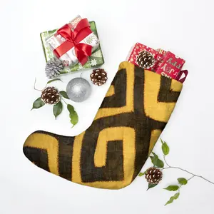 African-Inspired Mud Cloth Print Christmas Stocking - Tan & Brown Abstract Design, Soft Polyester Fleece Fabric, Twill Loop, Festive Home Decoration, Ornaments, Gift for Black Kids