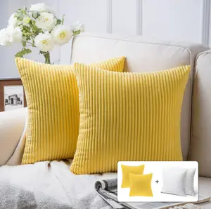 Fluffy Corduroy Velvet Solid Color Suqare Cusion Accent Decorative Throw Pillow for Couch, 18" x 18", Yellow, 2 Pack