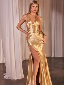 CH084 Halter Neck Corset Waist Satin Dress