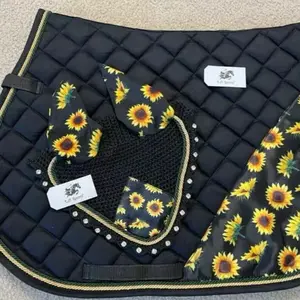 English Saddle Pad & Fly Bonnet Ear Net Mask Veil Set for Sun Flower Horse