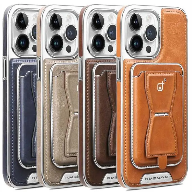 Business Leather Card Holder Magnetic Stand For iPhone 17 Pro Phone Case Logo Cutout Electroplated Leather Cover For iPhone 16 HNU25