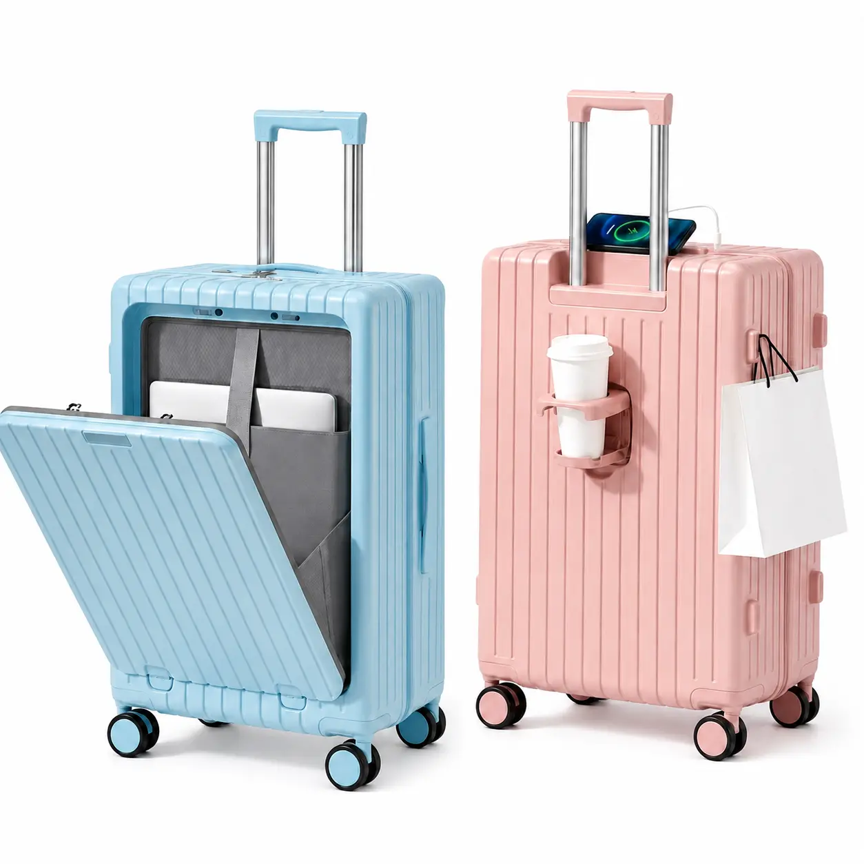 NLDD 20'' Carry On Luggage with Front Opening, Cup Holder, USB Port & TSA Lock, Modern Durable ABS+PC Hard Shell with Ribbed Texture