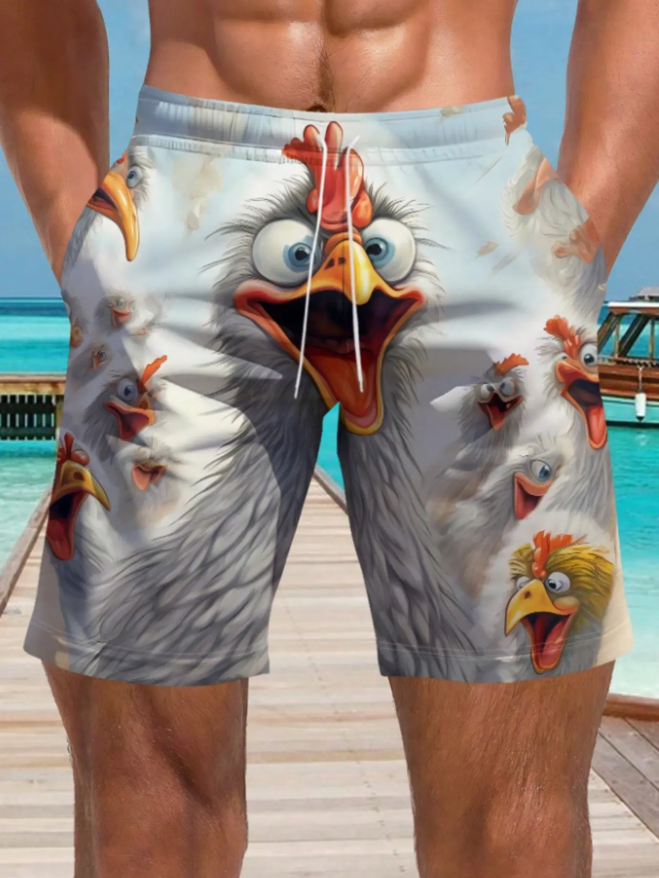Men's Summer 3D Printed Big Eye Chicken Pattern Beach Shorts, Casual Summer Style Fitted Design, All over Print, Comfortable and Stylish