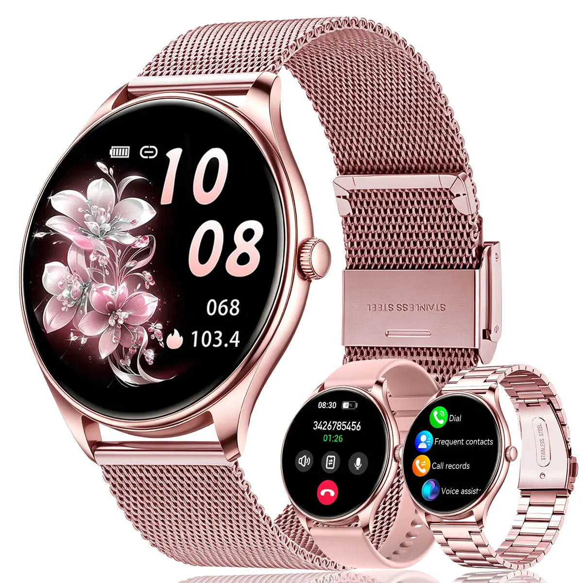 New female smartwatch, 1.53-inch full-touchscreen fitness tracker, capable of answering calls, heart rate and blood oxygen monitor, IP68 waterproof, sleep and activity tracking smartwatch, compatible with iPhone and Android phones, fan