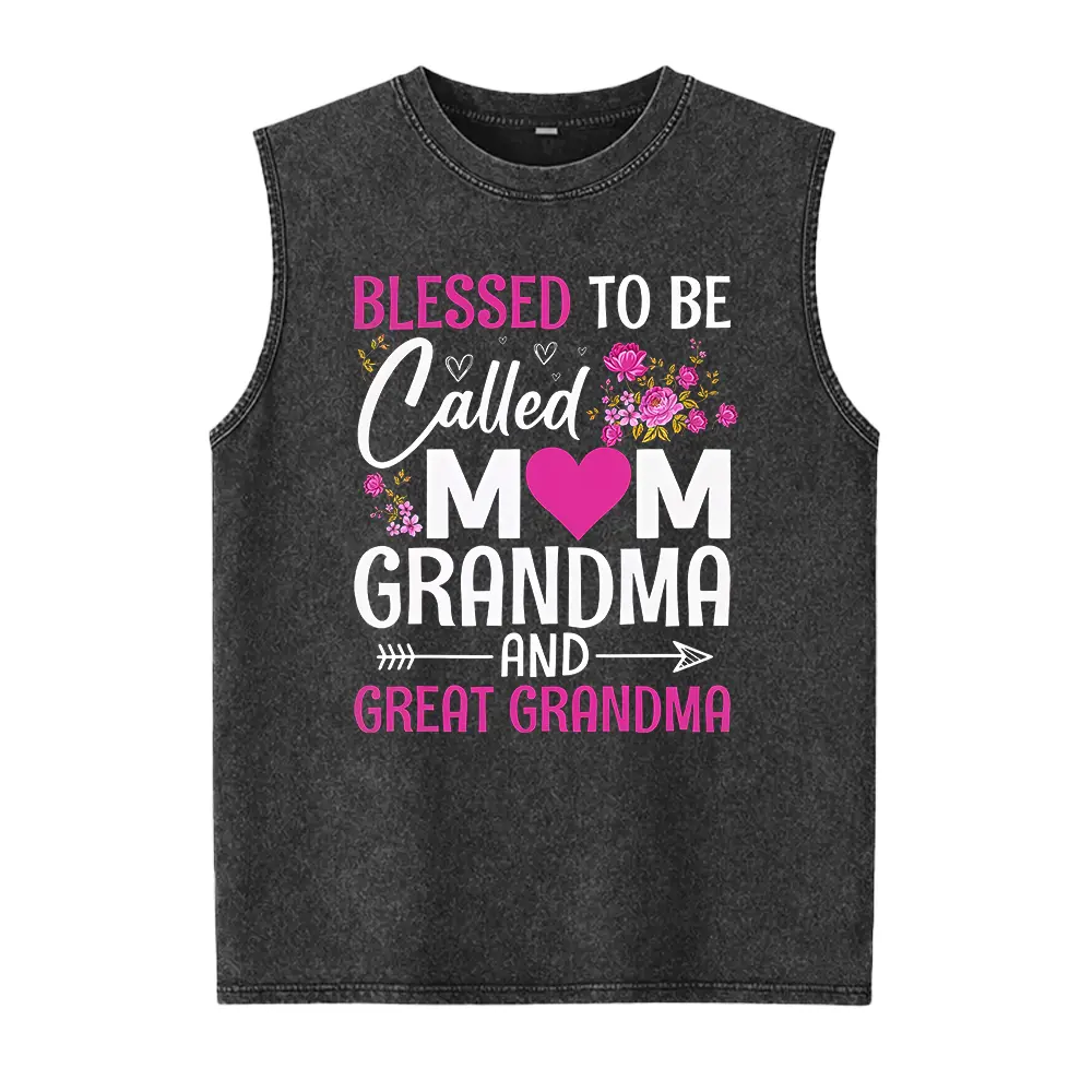 Women's Fitted Sleeveless Seamless Vest Top - Soft Casual Piece, Solid Comfortable Fabric, "Blessed to Be Called Mom Grandma & Great Grandma" Retro Vintage Graphic, Thick Outdoor Wear