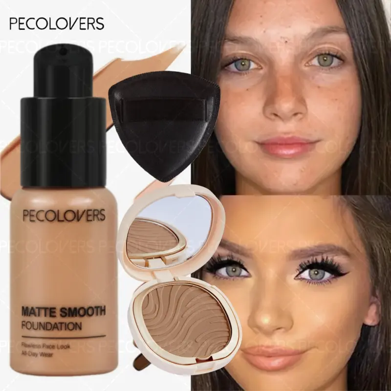 3pcs/set Wet & Dry Foundation Set, Liquid Foundation + Pressed Powder + Makeup Puff, Waterproof Buildable Coverage for Natural to Full Glam Finish, Face Essentials Set, Facial Makeup Set, Cosmetic Makeup Set