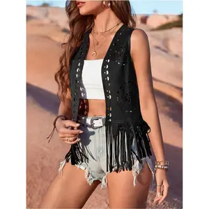 [Suede Vest] Suede Women's Vest |   Casual Open Front Sleeveless Fringe Hippie Jacket with Fringe