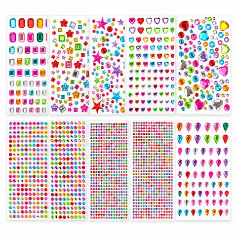 3514PCS Rhinestone Gem Stickers, 10 Sheets Colorful Self-Adhesive Gems, Assorted Shapes Bedazzling Kit for DIY Crafts, Scrapbooking, Journaling, Card Making & Party Decorations