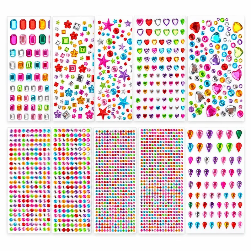 3514PCS Rhinestone Gem Stickers, 10 Sheets Colorful Self-Adhesive Gems, Assorted Shapes Bedazzling Kit for DIY Crafts, Scrapbooking, Journaling, Card Making & Party Decorations