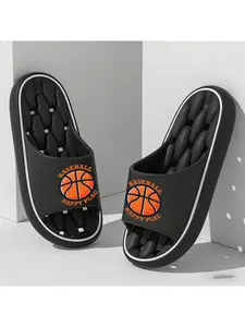 1 pair of basketball pattern "HAPPY PLAC" printed slippers, unisex, thick-soled pillow slippers, men's and women's slippers, EVA sole, lightweight and soft open-toe, shower shoes, suitable for indoor and outdoor beach use.
