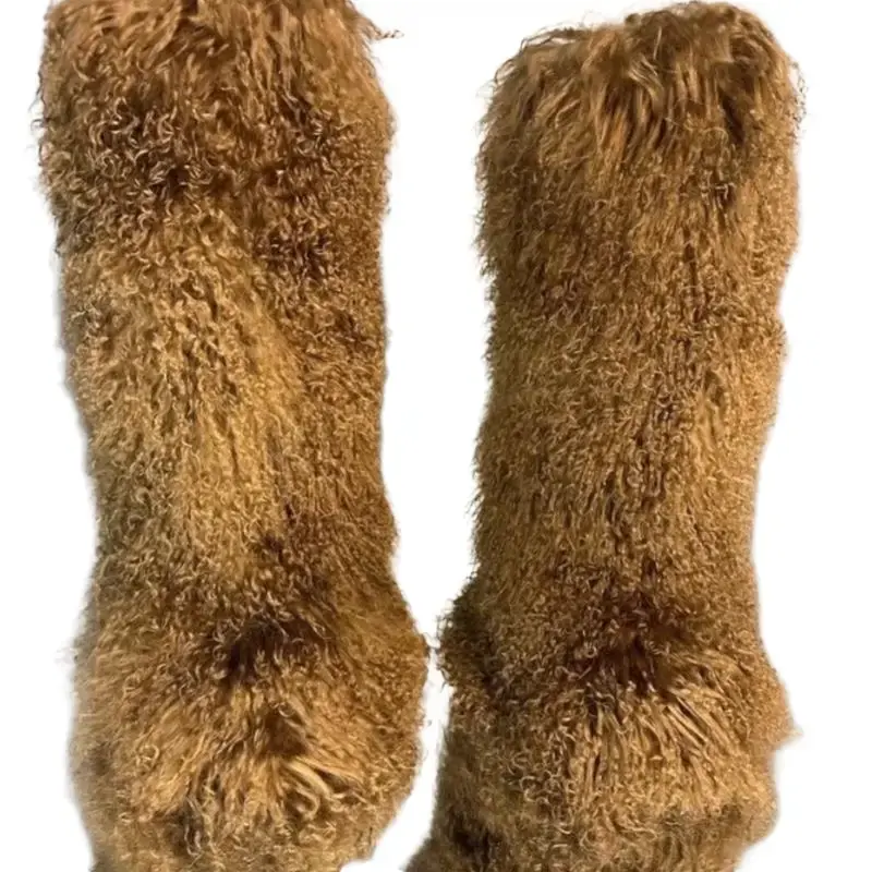 Women's Brown Shaggy Furry Knee-boots for Winter - 19.5 Inch Tall Plush Thick Lining Cozy & Stylish Walking Shoes. Footwear sizes 9.5, 10.