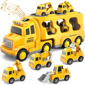 5-in-1 Friction-Powered Construction & Transport Truck Toy Set with Sound Effects - Includes Excavator, Bulldozer, Crane, Mixer - Construction Toy Gift for Kids