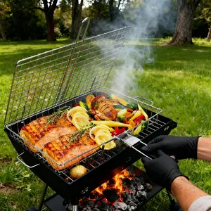 Stainless Steel Barbecue Basket with Handle, Portable Foldable Barbecue Net Rack, Multifunctional Barbecue Utensils for Outdoor Camping, Barbecue Accessories