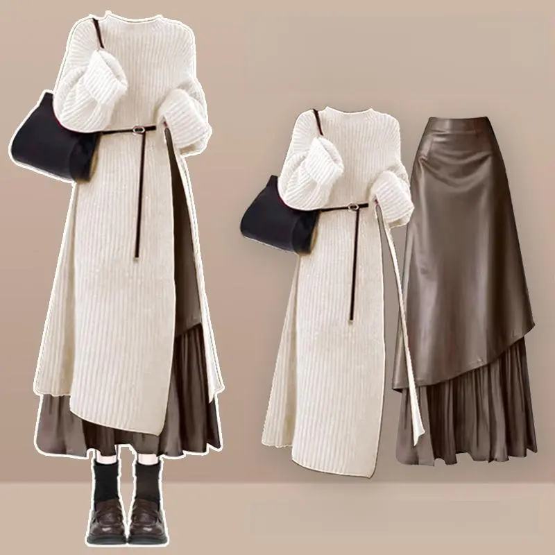 2026 New Women's Outfit Long Sweater Dress Elegant Slim Mid-Length Skirt Two-Piece Set