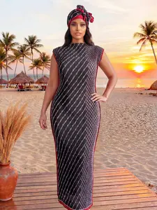 Elegant Chain Design Set, Slim-Fitting Moo Moo Long Dress, Rose Pattern Patchwork Robe Shawl + Silk Scarf, Women's Beach Sun Protection