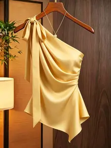 Satin asymmetric shoulder blouse – womens elegant bow detail top in champagne gold