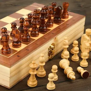 Wooden Chess Set Folding Magnetic Large Tabletop Chess Board With 34 Chess Pieces Interior For Storage Portable Travel Family Board Games BoardGame Set For