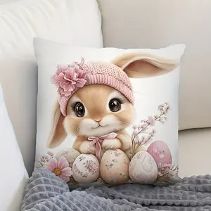 1pc 2D Single-Sided Printed Retro Style Cute Rabbit Pillowcase, Polyester Square Throw Cover with Zipper, Machine Washable Short Plush Decorative Case for Home Sofa and Bed Easter Bunny Design (No Insert), Sofa Decoration, Bed Accessory, Vintage Pillowcas