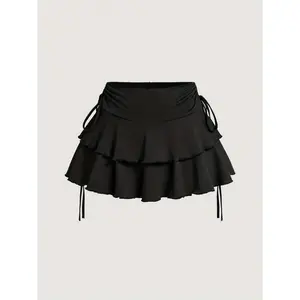 Women's Solid Tiered Layer Ruffle Hem A Line Skirt, Cute Fashion Casual Tie Side Short Skirt for Daily Outdoor Wear, Ladies Bottoms for Summer, Stretch Skirt