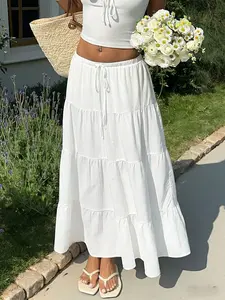 Women's Textured White Ruffled Maxi Skirt, Boho Elastic Waist Tiered Long Skirt For Summer Outings & Casual Fashion