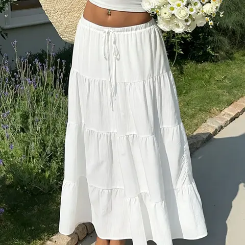 Women's Textured Hem White Skirt, Boho Bohemian Elastic Waist Tiered Maxi Long Skirt for Summer Outings, Chic Boho Style Casual Fashion Bottoms