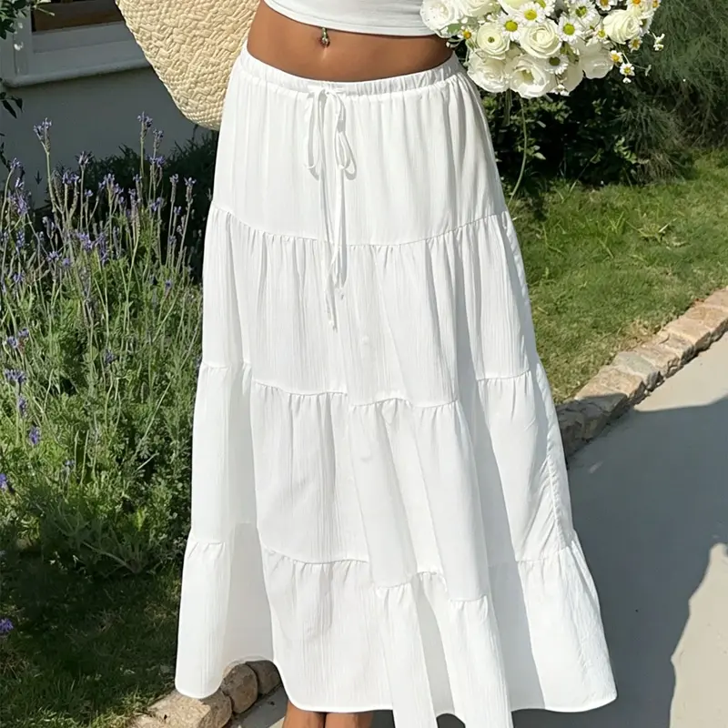 Women's Textured Hem White Skirt, Boho Bohemian Elastic Waist Tiered Maxi Long Skirt for Summer Outings, Chic Boho Style Casual Fashion Bottoms
