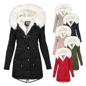 2025 Hot Selling Plus Size Women Winter Cotton Coat, Hooded Fur Collar Waist Cinching Slimming Thickened Warm Mid-Length Outerwear, Long Sleeve Fitted Basic Black Minimalist Jacket