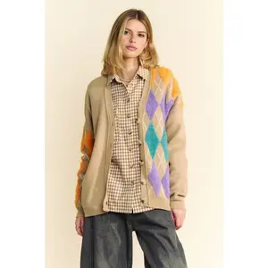 Davi & Dani Argyle V-Neck Dropped Shoulder Cardigan
